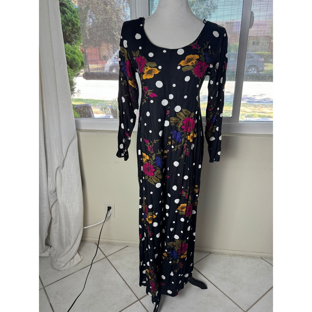 Matty Vintage 90s Black Floral Polka Dot Long Sleeve Maxi Dress Scoop Neck Rayon - Picture 3 of 11